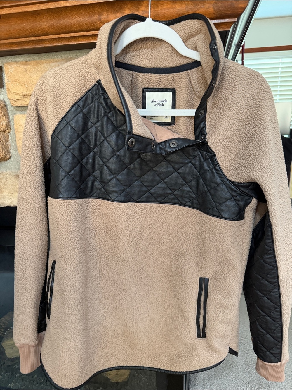 Abercrombie & Fitch Taupe Sherpa Pullover with Black Quilted Panels
